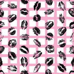 Female lips, mouth with a kiss stain, seamless pattern on pop up background. Retro style endless wrapping paper for Valentine day adult sex shop merchandise. Vector.