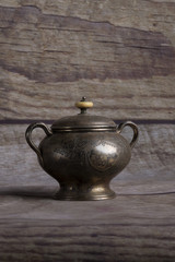 Very old silver kitchen accessories.Old silver kitchen utensils on black.
