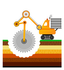 Yellow bulldozer is digging the earth. Mining industry. Layers of the earth