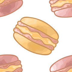 Macaroon dessert vector seamless pattern isolated on white background. Pink and yellow classic macaron print design for menu, cafe, confectionery. Retro style in pastel colors. Sweet confection.