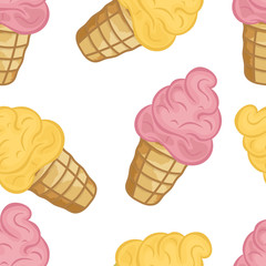 Ice-cream cream in wafer cup vector seamless pattern isolated on white background. Strawberry classic ice cream in waffle cones pattern, design for menu ice cream parlor. Retro style in pastel colors.