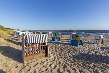 Fototapeta na wymiar beach with beach chairs in a row in Zinnowitz, Usedom