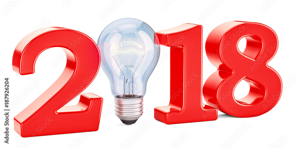 Poster 2018 with light bulb, idea concept. 3d rendering