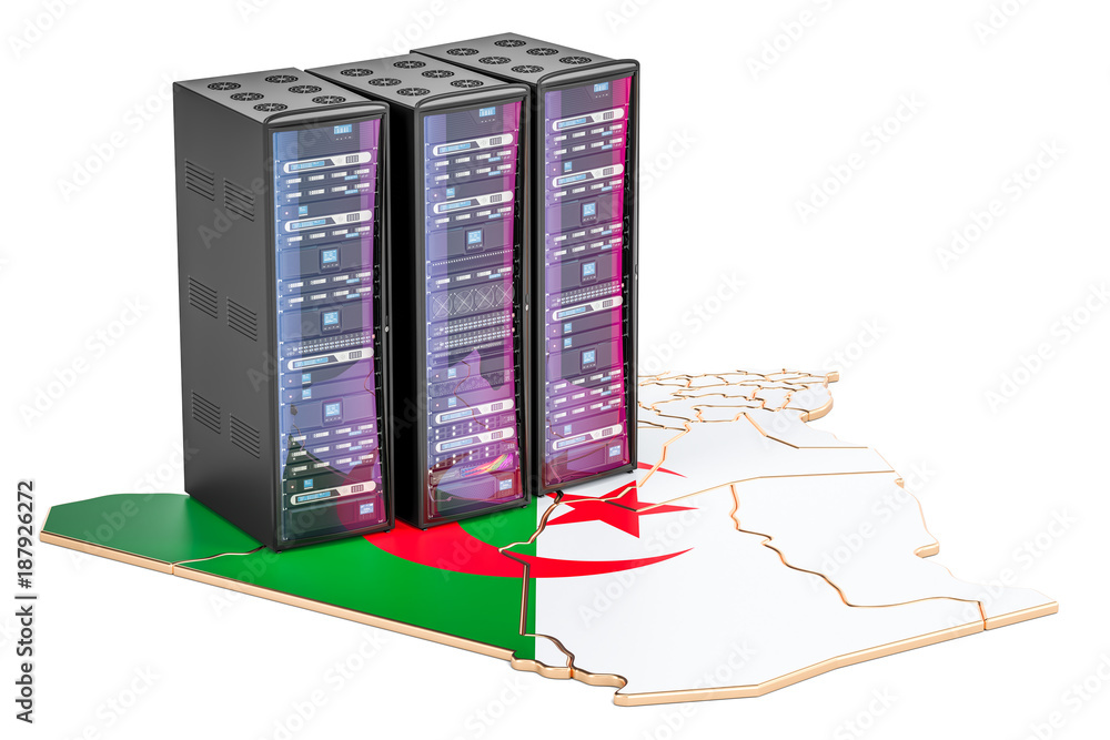 Poster data center server racks in algeria concept, 3d rendering