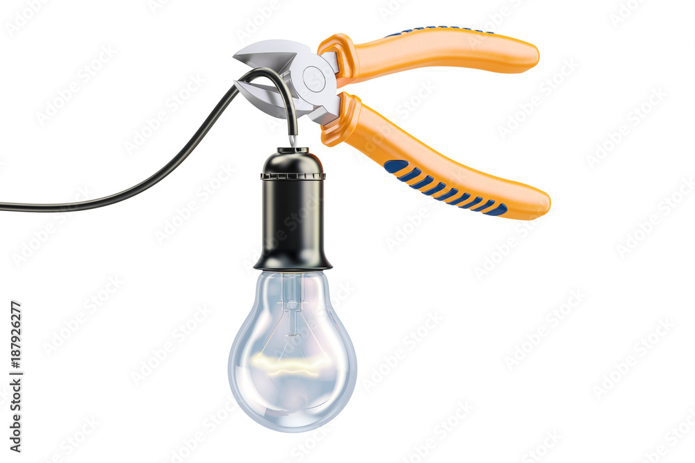 Poster diagonal pliers cutting wire from lightbulb, saving energy concept. 3d rendering