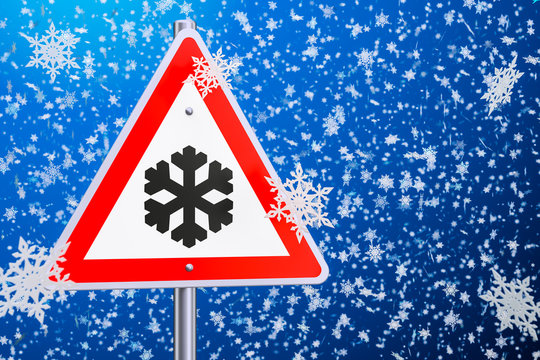 Beware Of Ice Or Snow, Road Sign. 3D Rendering