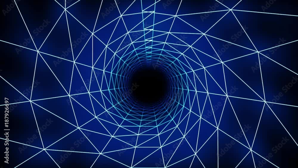 Poster 4k abstract technology neon lines tunnel. blue concstruciton. camera rotates and moves forward towar