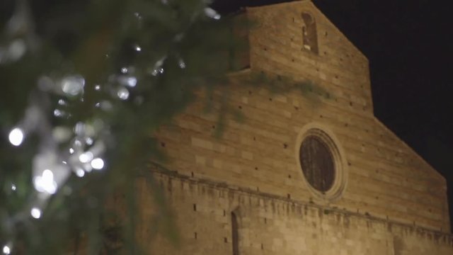 Change of focus between the branches of a Christmas tree in foreground and a cathedral made of stone in background.