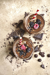 Two portion of chocolate banana smoothie in a glasses,Top view with copy space.