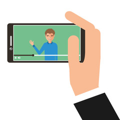 young man waving happy in smartphone avatar character vector illustration