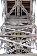 Steel construction, lattice connected by an old method for rivets. Truss in the old bridge connected by rivets on the river.