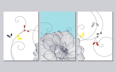 A set of 3 canvases for wall decoration in the living room, office, bedroom, kitchen, office. Home decor of the walls. Floral background with flowers of dahlias. Element for design. 