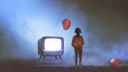 Keuken spatwand met foto meisje dat naar rode ballon kijkt die uit de televisie drijft op een donkere achtergrond, digitale kunststijl, illustratie, schilderkunst © grandfailure
