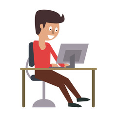 Guy on desk with laptop icon vector illustration graphic design