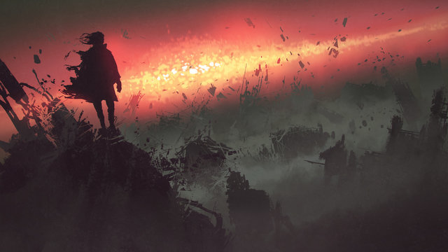 end of the world concept of the man on ruined buildings looking at apocalyptic explosion on the earth, digital art style, illustration painting