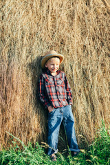 Naklejka na ściany i meble Full length portrait of boy in pose of lazy farmer, leaning haystack