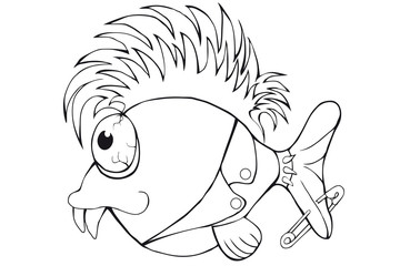 Coloring fish punk. Isolated image on white background. Cartoon style.