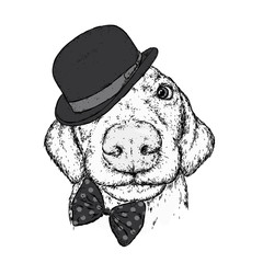 Puppy in a hat, glasses and a tie. Patrick's day. Vector illustration for a postcard or a poster, print for clothes. A pedigree dog in clothes and accessories.