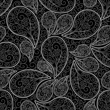 Paisleys seamless pattern. Black floral background wallpaper illustration with vintage hand drawn white line art tracery ornamental paisley flowers and swirl lace ornaments. Vector endless texture