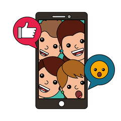 smartphone with community and emoticons vector illustration design