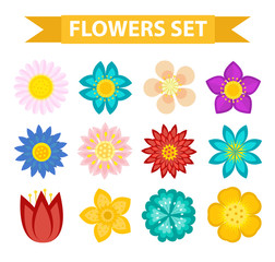 Flowers and leaves icon set, flat style. Floral collection isolated on white background. Spring, summer design elements for invitation, wedding or greeting cards.Vector illustration
