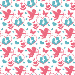 Happy Valentine's Day seamless pattern. Cute romantic love endless background. Cupid, heart repeating texture. Vector illustration