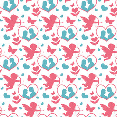 Happy Valentine's Day seamless pattern. Cute romantic love endless background. Cupid, heart repeating texture. Vector illustration