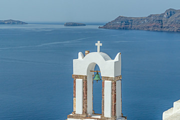 View of the caldera in Santorini Bay from the village of Oia in the Greek Islands