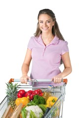 Portrait of a Woman Pushing a Shopping Cart Full of Groceries