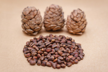Pine nuts and cones on craft paper background