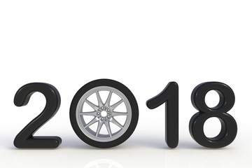 New year 2018 with car's wheel, Black year number isolated on white background, 3D rendering