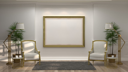 mock up empty photo golden frame white armchairs and lamp in front of a white wall decorative items minimal style in empty room vintage style,3d rendering luxury living room modern mid century room 