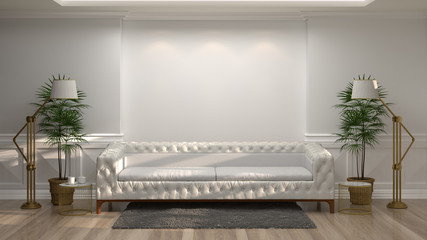 white sofa in front of empty white wall decorative items vintage style and minimal style in empty room,3d rendering luxury living room modern mid century room interior home design
