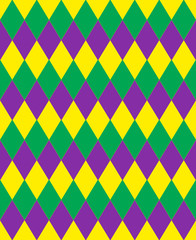 Mardi Gras abstract geometric pattern. Purple, yellow, green rhombus repeating texture. Endless background, wallpaper, backdrop. Vector illustration