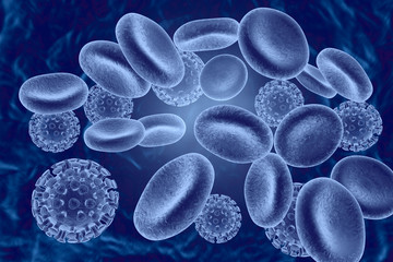 Blue image of human red blood cells and viruses