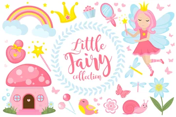 Wall murals Girls room Little fairy set, cartoon style. Cute and mystical collection for girls with fairytale forest princess, magic wand, mushroom house, rainbow, mirror, birds, butterflies, flowers. Vector illustration
