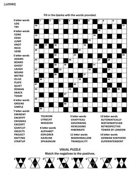 Puzzle page with two puzzles: 19x19 criss-cross (kriss-kross, fill in the blanks) crossword word game (English language) and abstract visual puzzle. Black and white, A4 or Letter sized.

