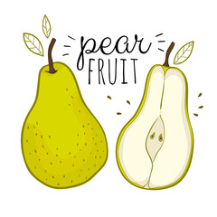 Cut green pear fruits. Collection of vector illustrations.