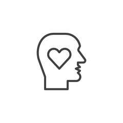 Human head with heart line icon, outline vector sign, linear style pictogram isolated on white. Lover head symbol, logo illustration. Editable stroke