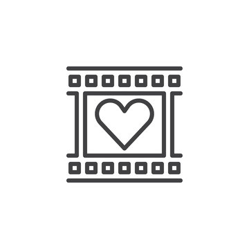 Film reel with heart frame line icon, outline vector sign, linear style pictogram isolated on white. Romantic movie symbol, logo illustration. Editable stroke