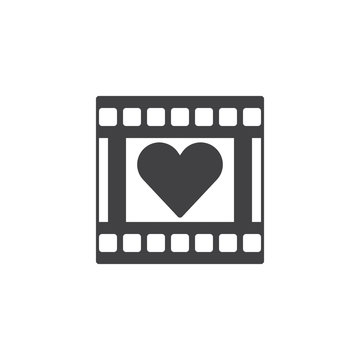 Film reel with heart frame icon vector, filled flat sign, solid pictogram isolated on white. Romantic movie symbol, logo illustration.