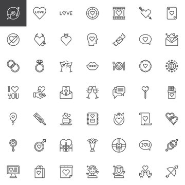 Happy valentine's day line icons set, outline vector symbol collection, linear style pictogram pack. Love signs, logo illustration. Set includes icons as heart, gift, greeting, bow, arrow, card, ring