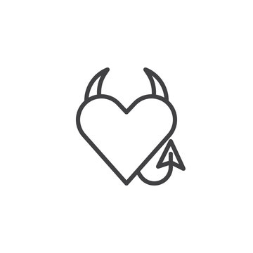 Devil heart line icon, outline vector sign, linear style pictogram isolated on white. Heart with devil horns and a tail symbol, logo illustration. Editable stroke
