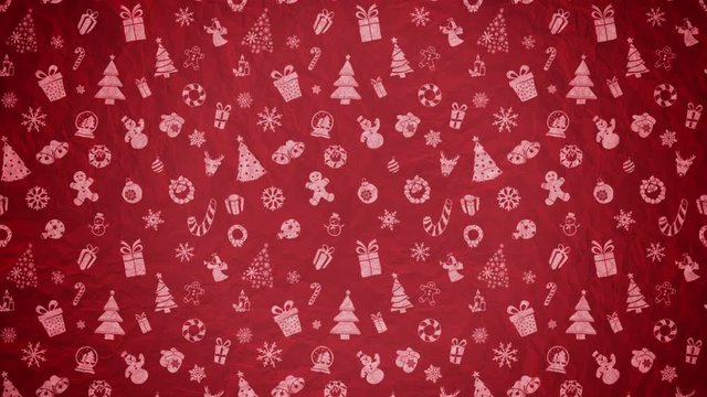 Motion graphic background with Christmas Pattern on red crumpled paper in doodle style.