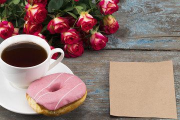 Breakfast for mother's day,Concept with flowers and gift card ,with empty space for a text