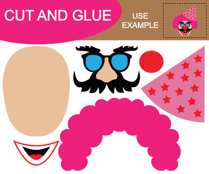 Create the Image of head of clown with cap using scissors and glue. Game for children.