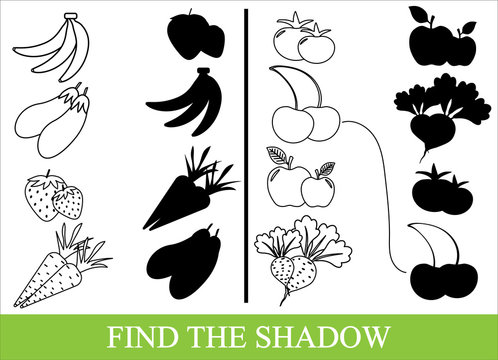 Color vegetables, fruits and berries and find the correct shadow. Kid’s game.