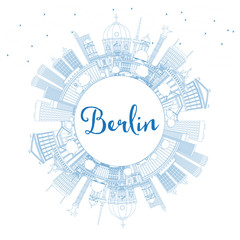 Fototapeta premium Zarys panoramę miasta Berlin Niemcy z niebieskimi budynkami i miejscem na kopię.