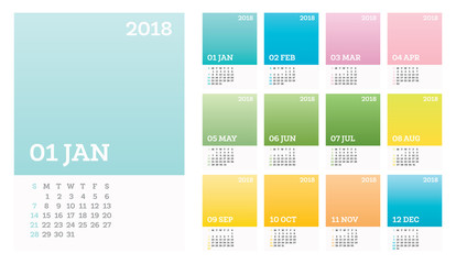 12 Months Calendar 2018 Pastel Сolor in Minimalistic Style.