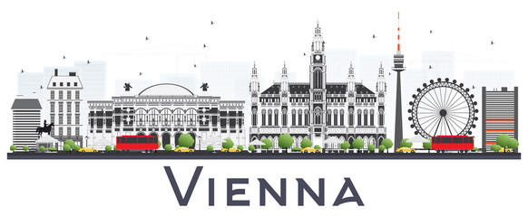Naklejka premium Panoramę miasta Wiedeń Austria z szarymi budynkami na białym tle.